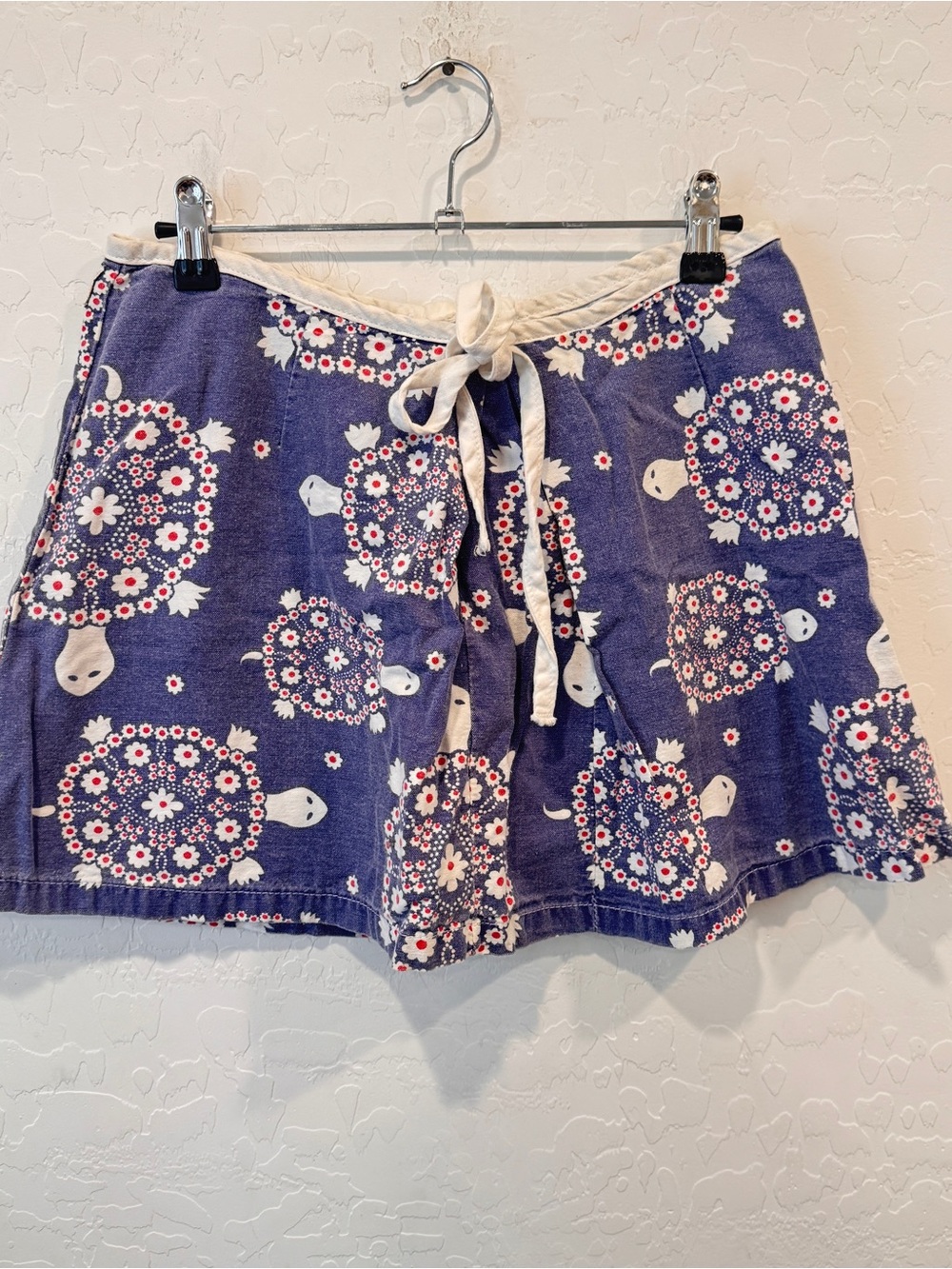 Y2K Roxy Navy Blue Floral Turtle Mini Skirt Size 9 Cotton Vacation Beach